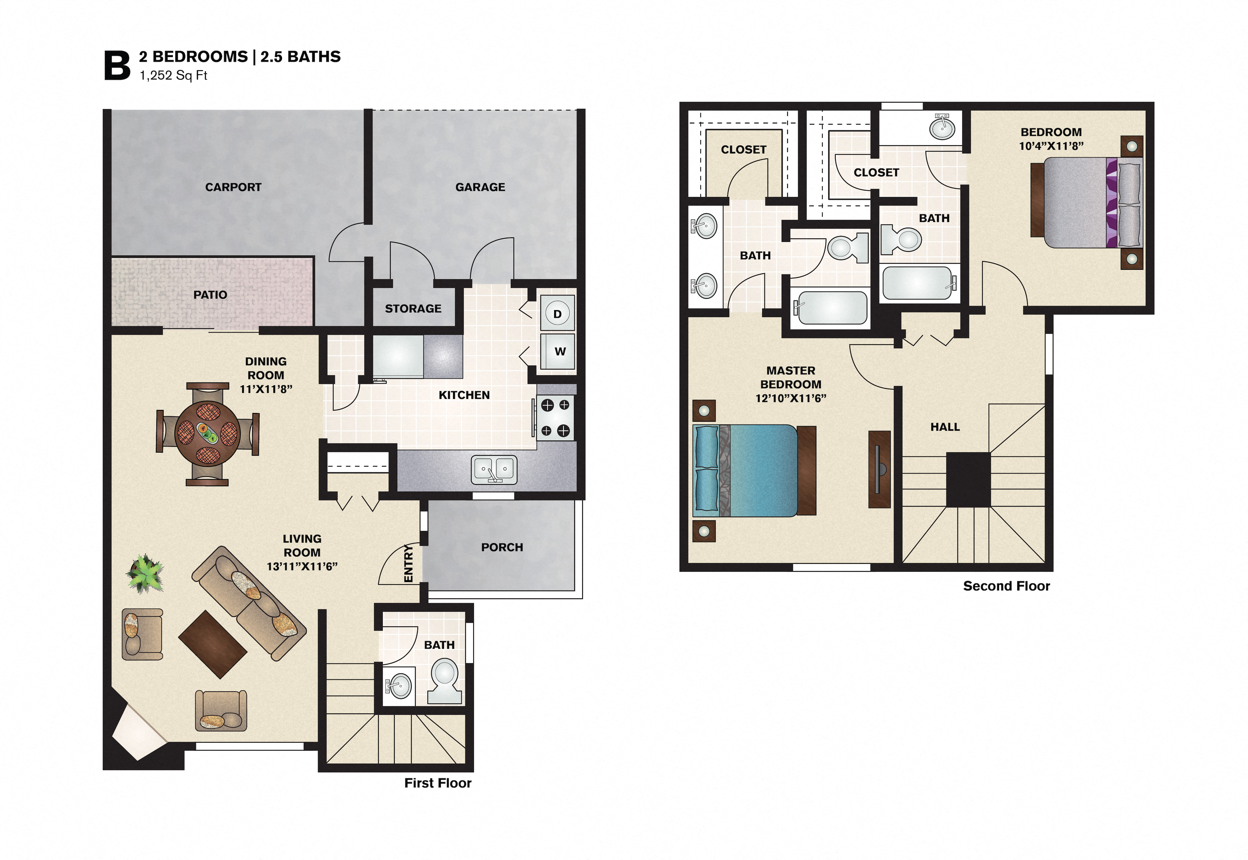 Floor plan for 2 beds, 2.5 baths, 1252 sqft